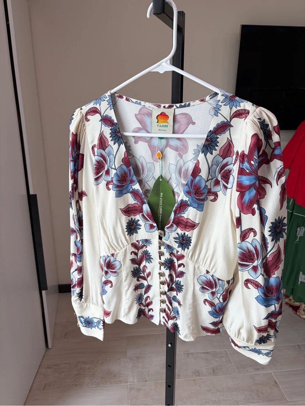 Floral V-Neck Button-Front Blouse - Cream with Blue & Red Bloom